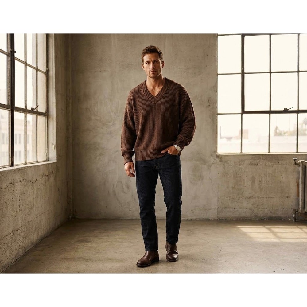 Daily Drills V-Neck Sweater Mens Brown Oversized Knit Ribbed Logo Patch